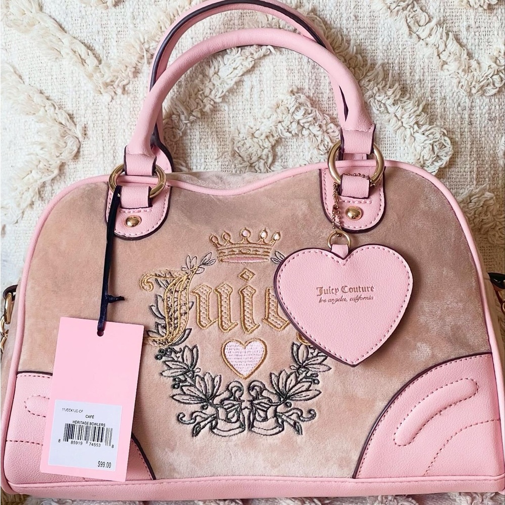 Juicy Couture Pink Embroidered Crest Satchel with Heart Charm